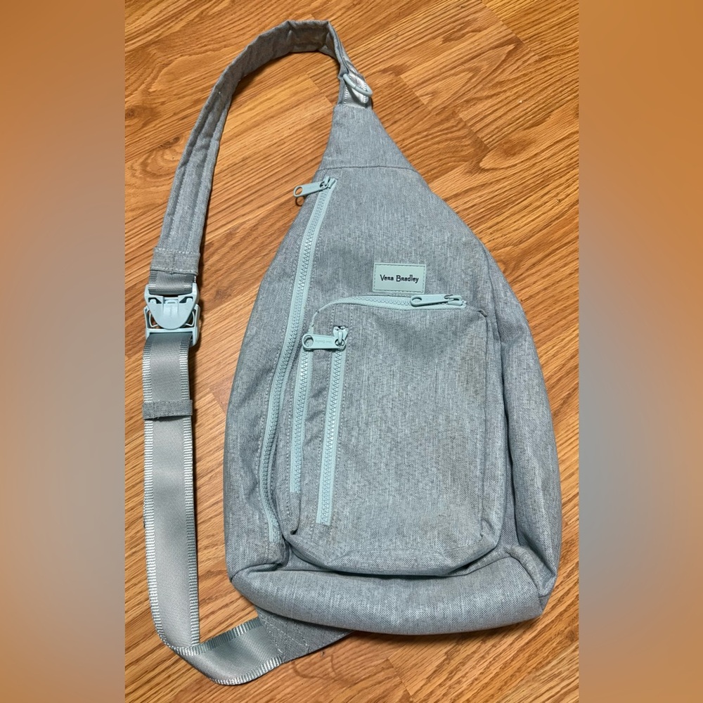Vera Bradley Gray Sling Backpack with Light Blue Accents
